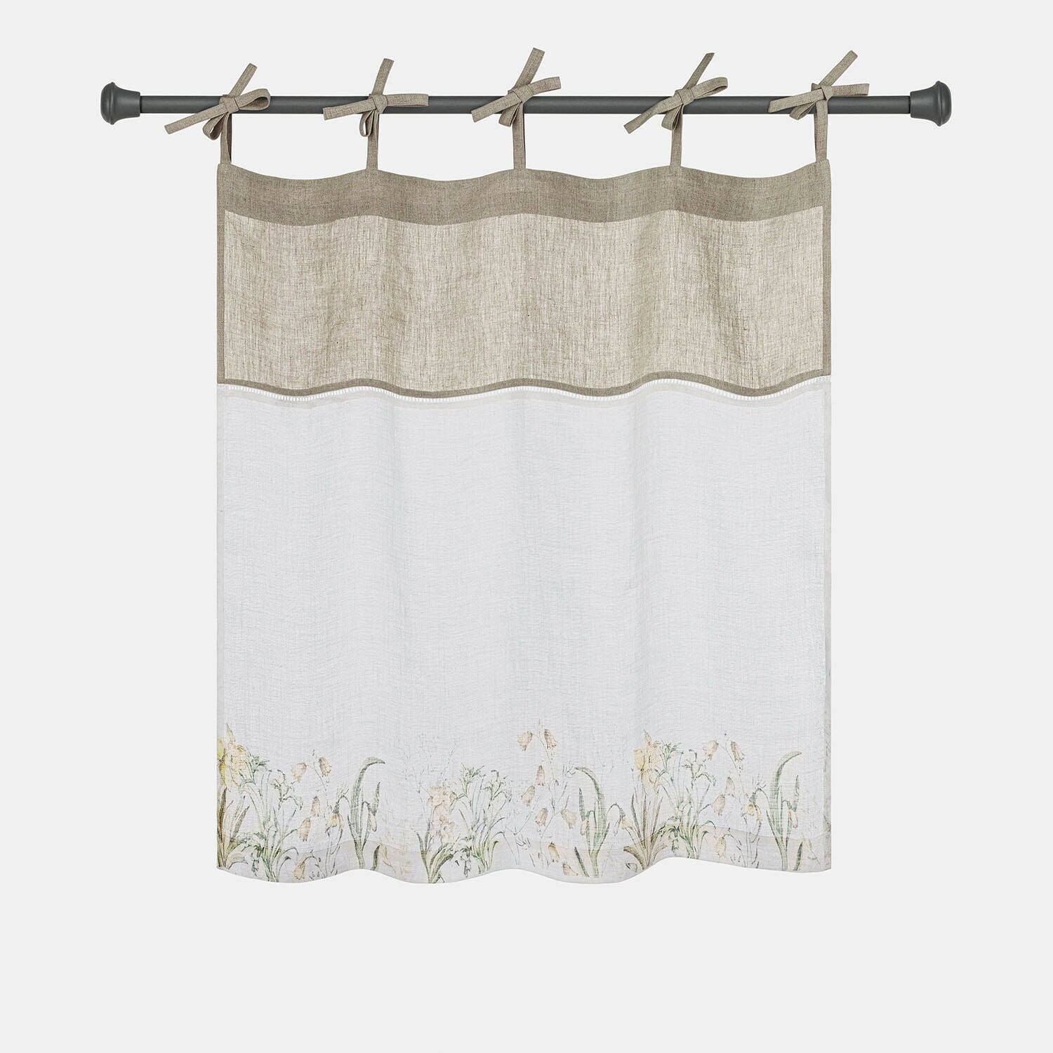Vitrage Lozere Beige linnen gordijn met bloemenprint en striklinten om aan de gordijnroede te hangen