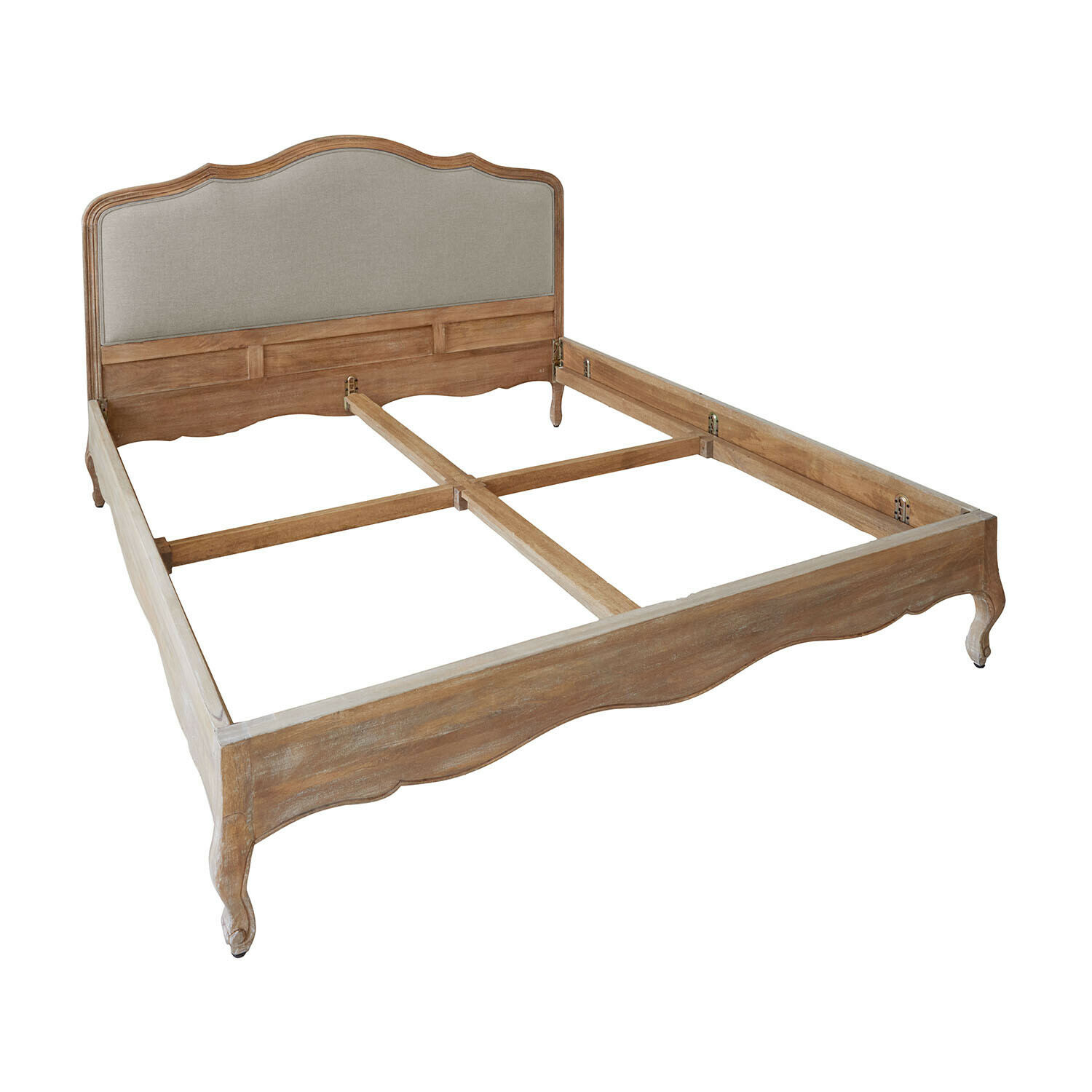 bruin/linnen Serravalle bed van bruin hout met beige linnen hoofdeinde, klassiek frame met sierlijke poten