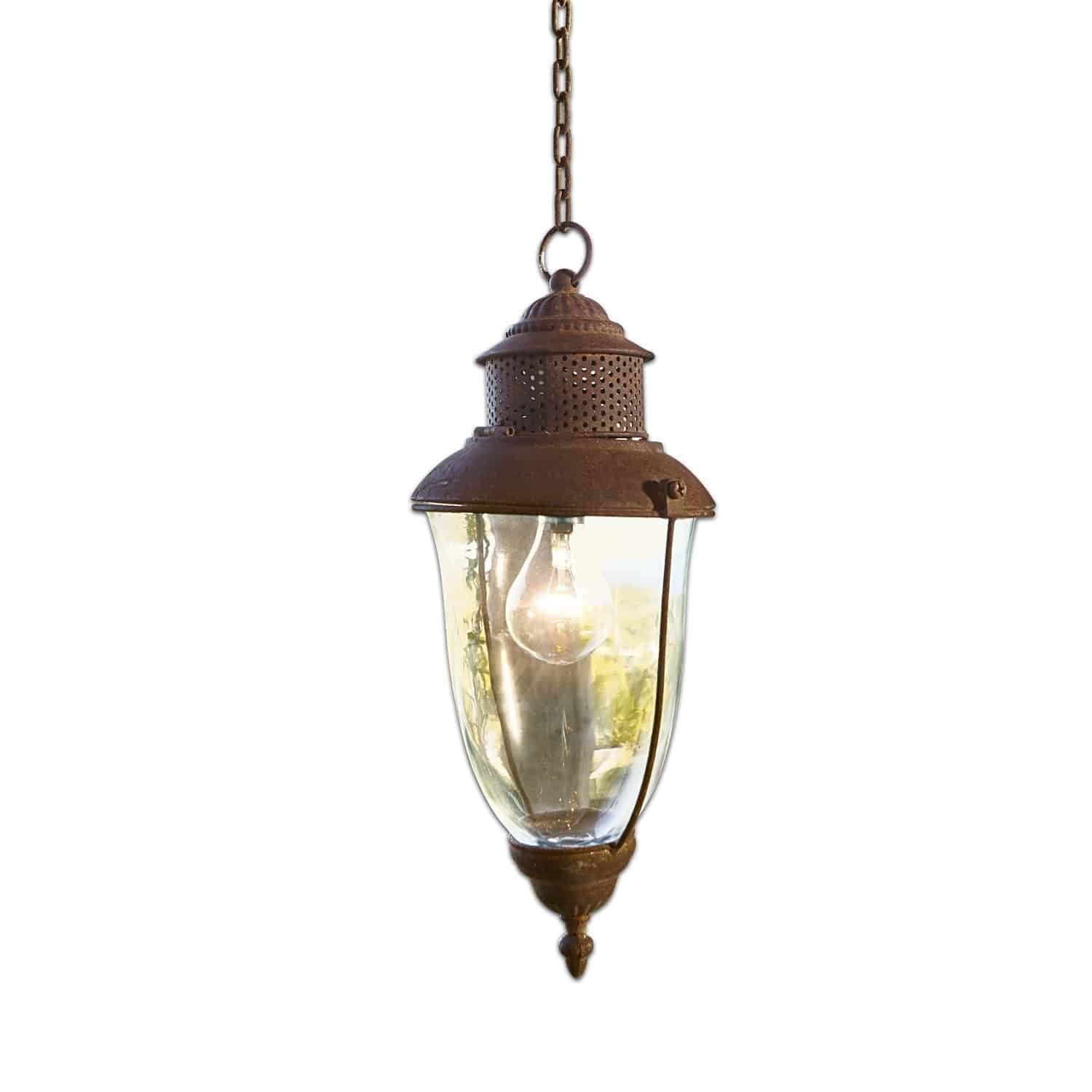 Hanglantaarn Floricia Hanglamp van roestkleurig metaal met doorzichtige glazen kap voor binnen- en buitenverlichting