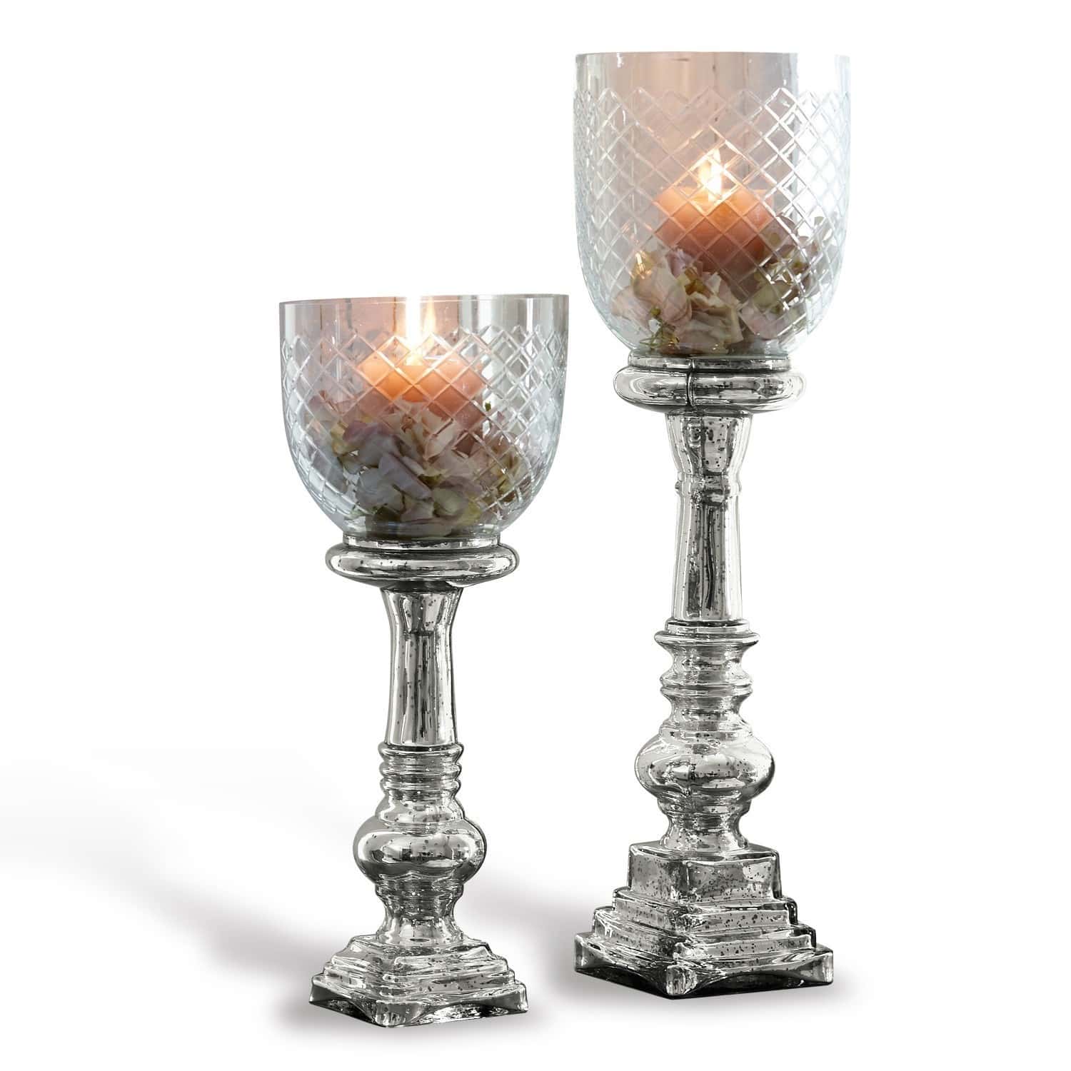 Kaarsenstandaard set van 2 Layci Twee decoratieve glazen kandelaars met reliëf en metallic glans, elegante woonaccessoire