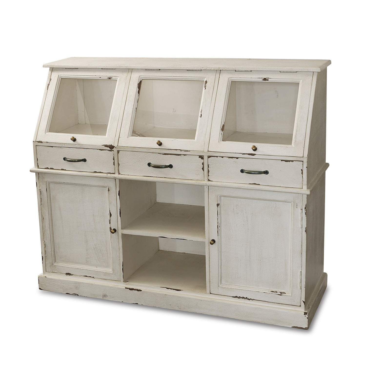 Witte houten dressoir met glazen deuren en lades in vintage stijl voor opbergruimte