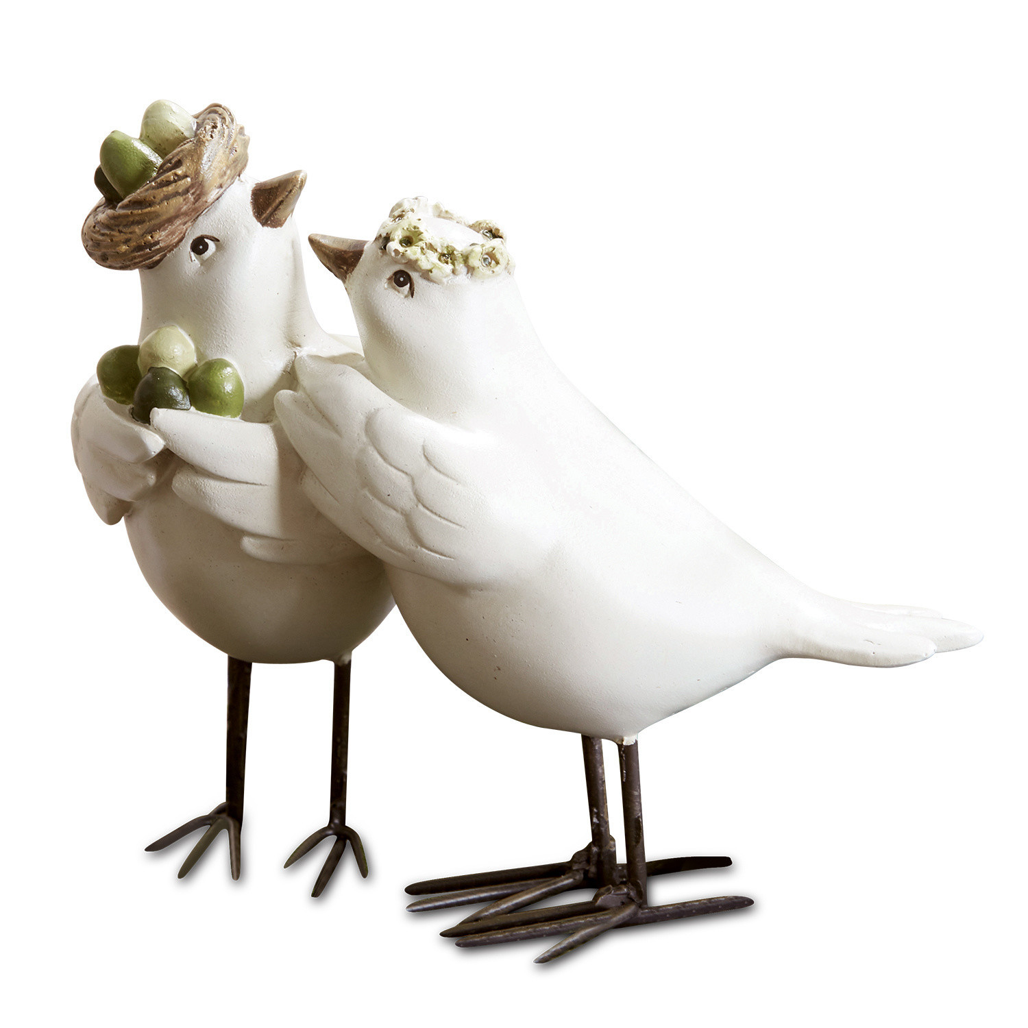 Vogelpaar Orne Decoratieve witte vogels van metaal en keramiek met groene accenten, woon- en tuindecoratie