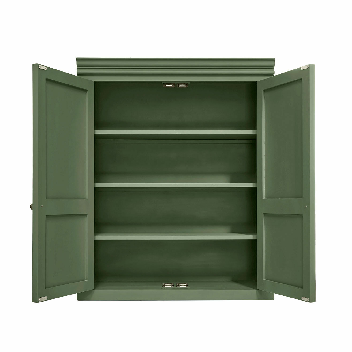 Groene houten kast met drie planken en open deuren voor opbergruimte