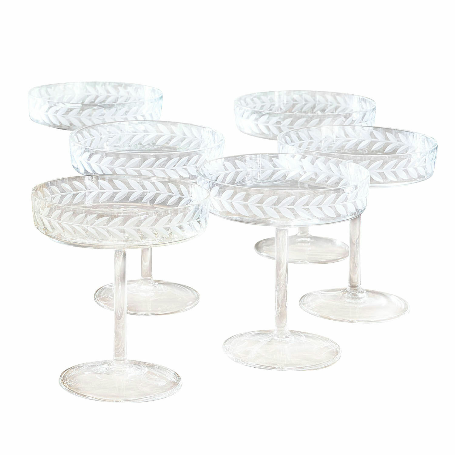 Champagneglas set van 6 Macomb Set van zes transparante glazen op voet met gegraveerd bladmotief, decoratief glas
