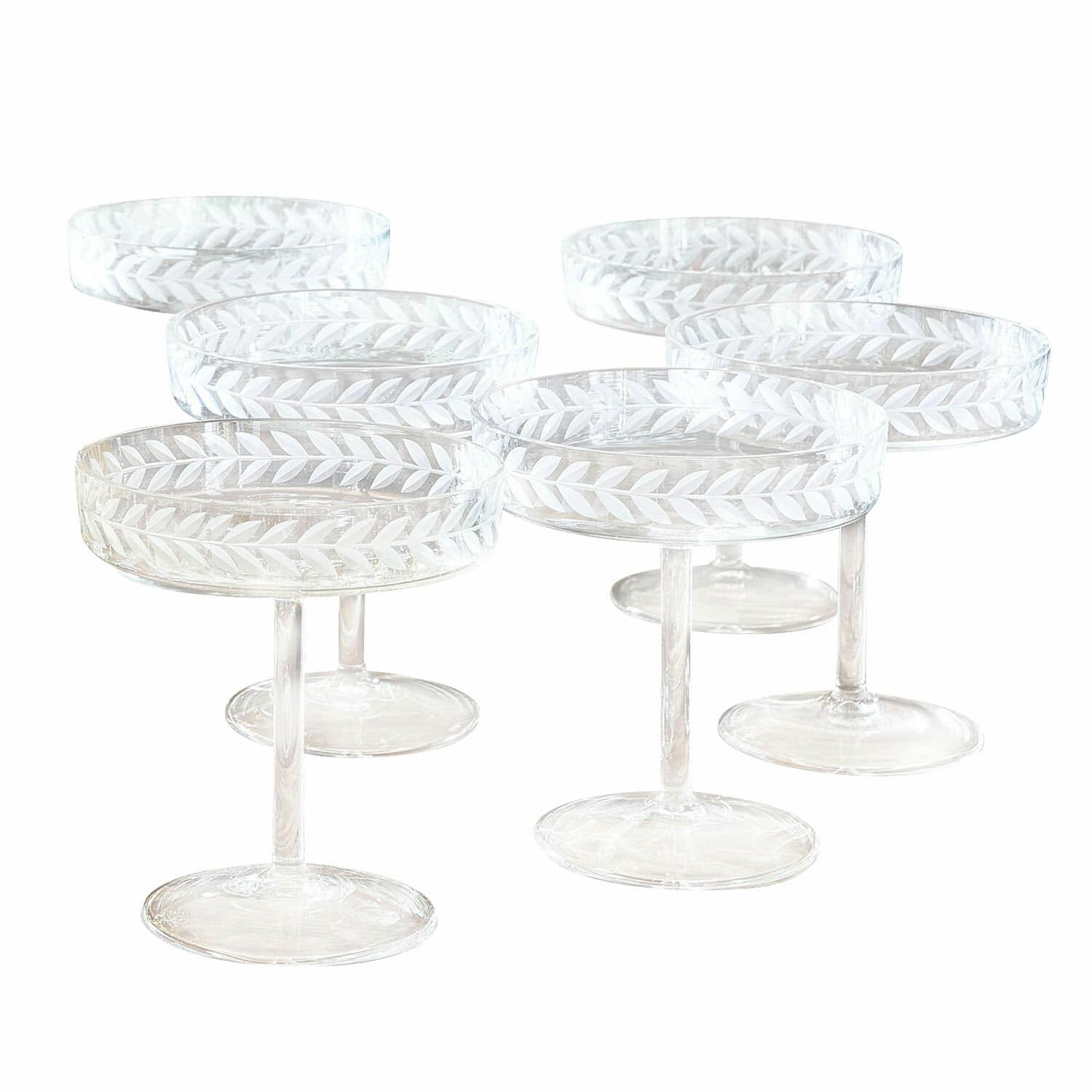 Champagneglas set van 6 Macomb Set van zes transparante glazen op voet met gegraveerd bladmotief, decoratief glas