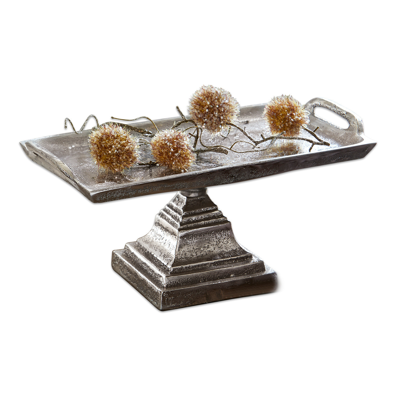 Etagère Samson Zilverkleurige metalen schaal op voet met decoratieve bollen aan takken, tafeldecoratie