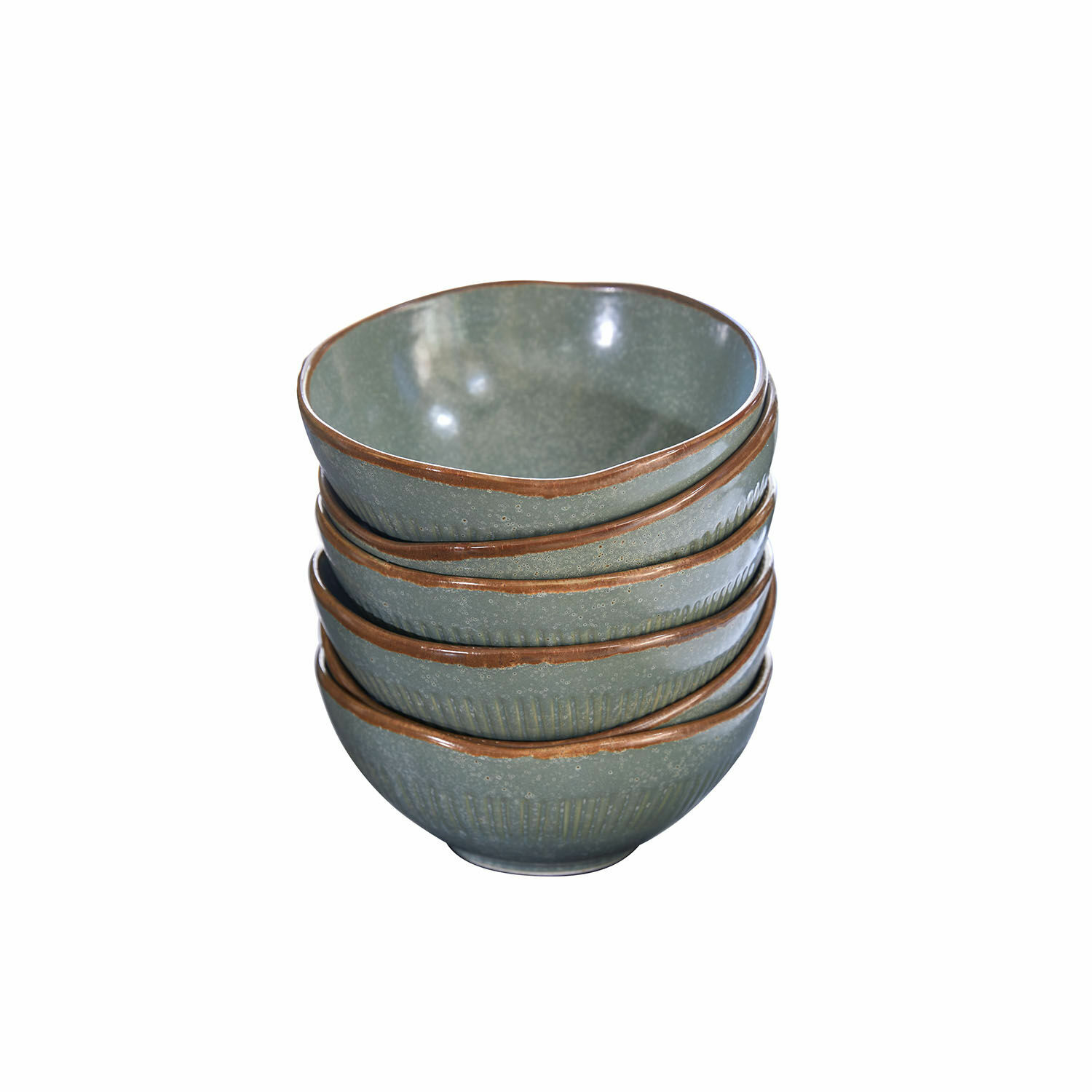 Set van 6 keramische kommen in turquoise en bruin met rustiek design voor de keuken