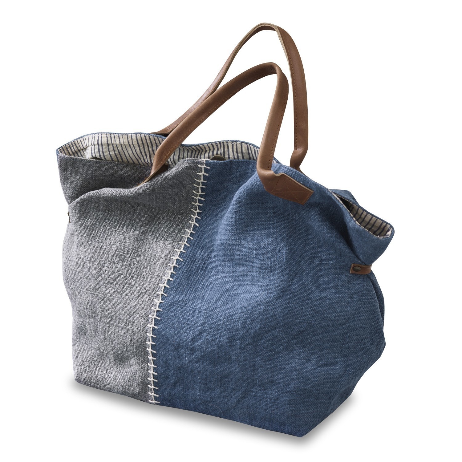 Tas Deux-Parts Tas van blauwe en grijze stof met bruine kunstleren handvatten, ruime en casual draagtas
