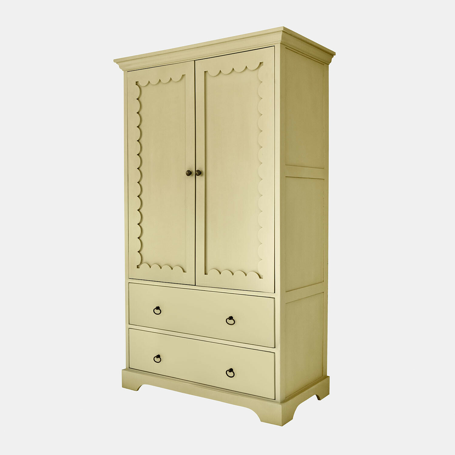 Beige houten kast met twee deuren en twee lades, vintage opbergmeubel