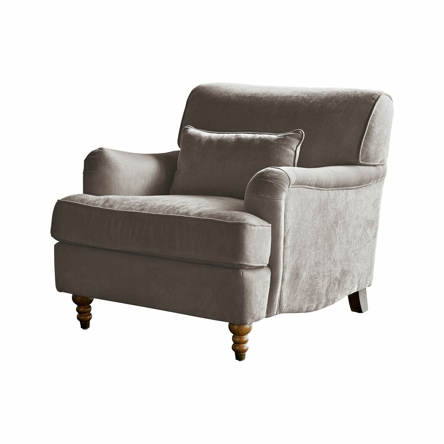 Grijze Isa fauteuil van zachte stof met houten poten, comfortabele zitplaats voor woonkamer