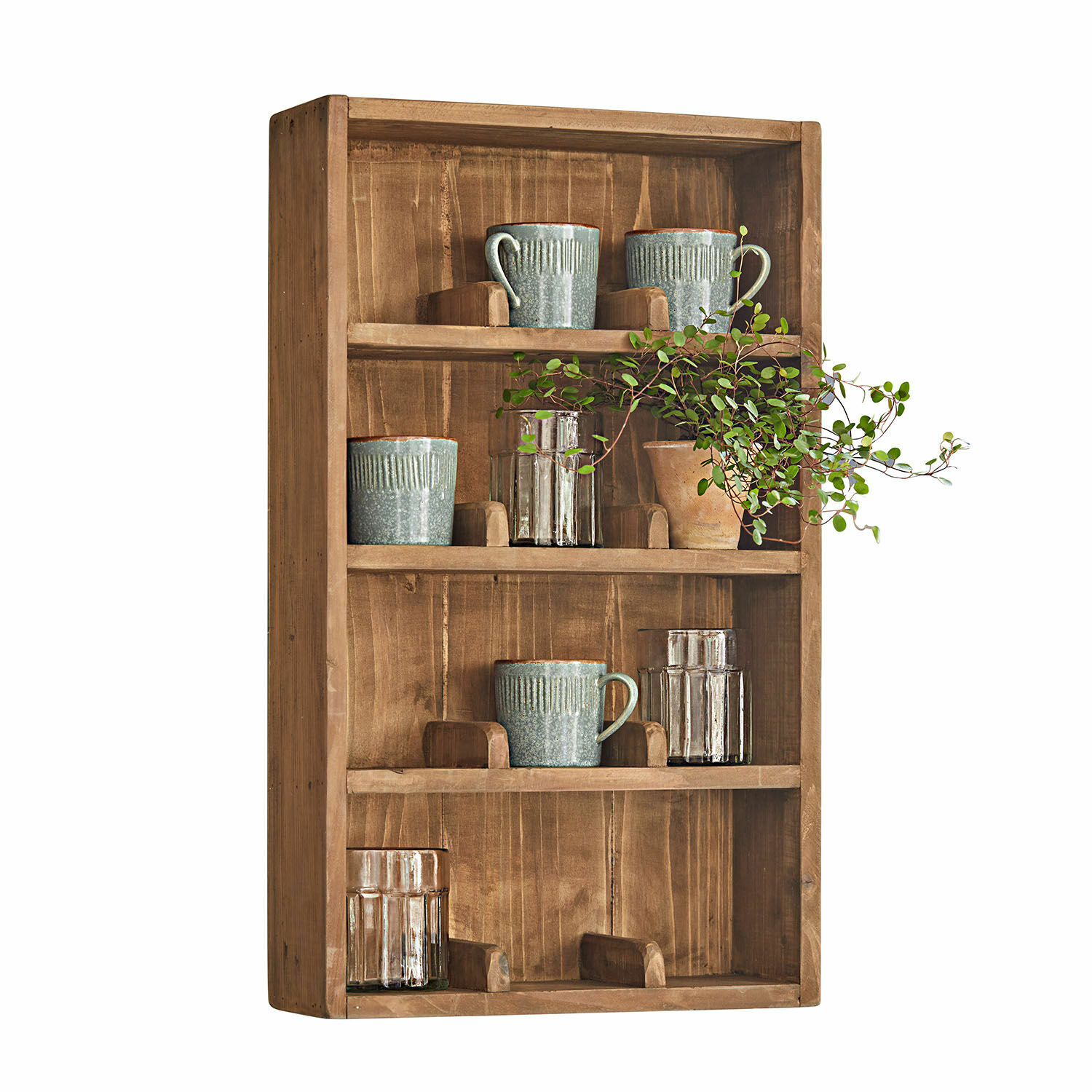 Wandrek Sunnybrook Wandplank van natuurlijk hout met keramische mokken en glazen voor rustieke keuken