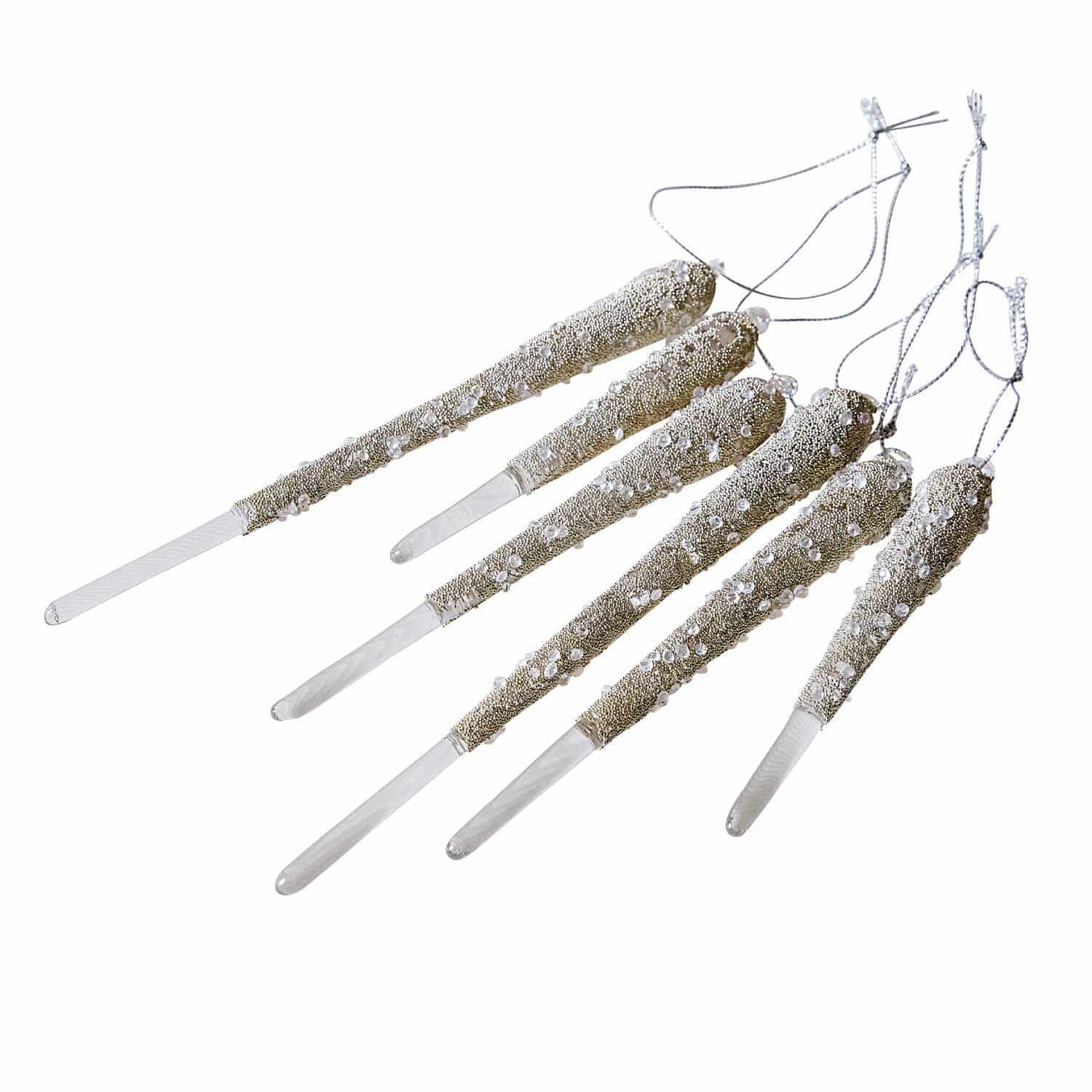 Hanger set van 6 Roussac Set van zes zilverkleurige glazen ijspegels met ophanghaken voor kerstboomdecoratie
