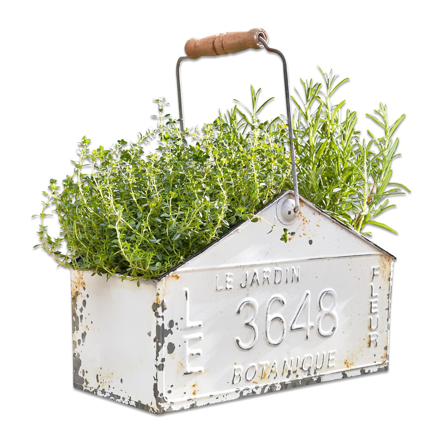 Mand Botanique Witte metalen plantenbak met houten handvat en groene kruiden, vintage tuindecoratie