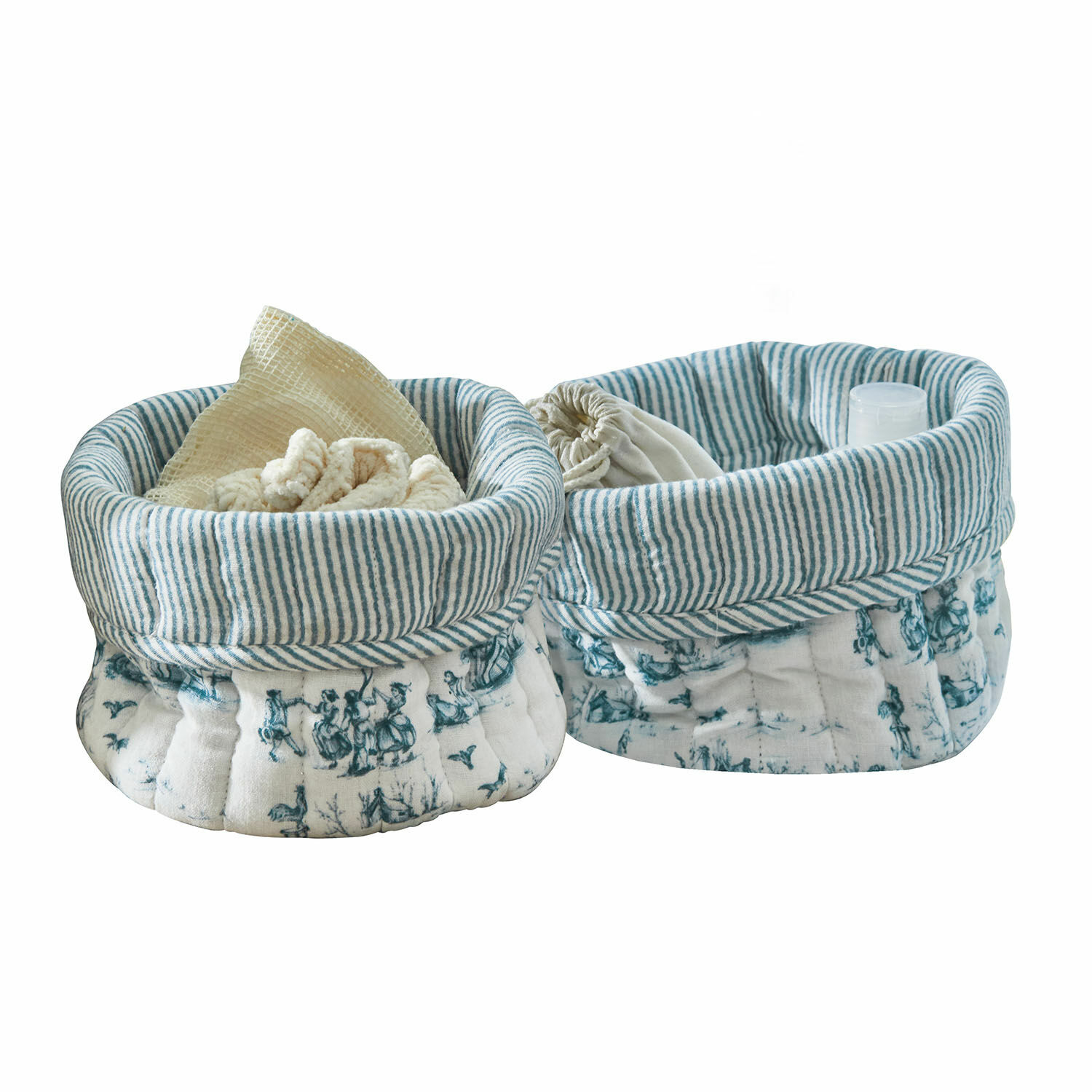 Mand set van 2 Emilie Twee zachte katoenen manden in wit-blauw met patronen voor thuisopslag
