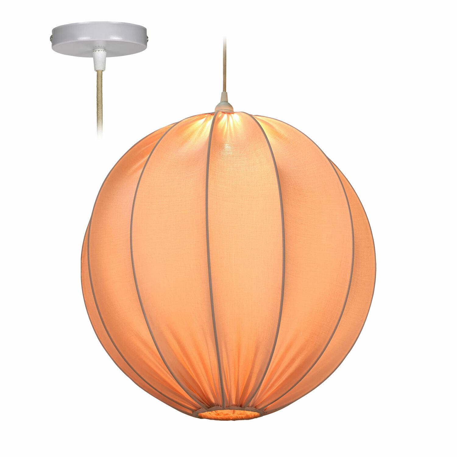 Hanglamp Lisonne Ronde hanglamp van oranje stof met witte kabel en plafondbevestiging voor binnenverlichting