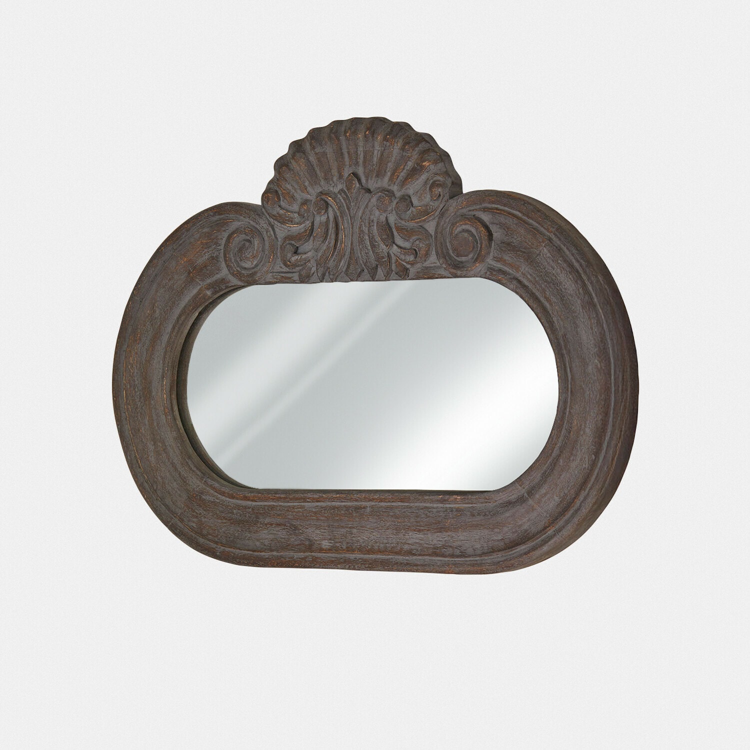 Ovaal spiegel van donker hout met gesneden schelpmotief, vintage stijl, wanddecoratie