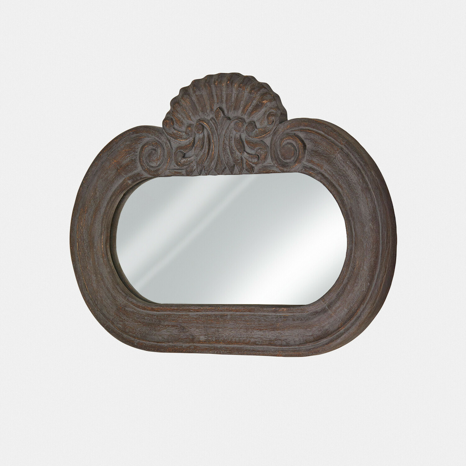 Spiegel Elvéric Ovaal spiegel van donker hout met gesneden schelpmotief, vintage stijl, wanddecoratie