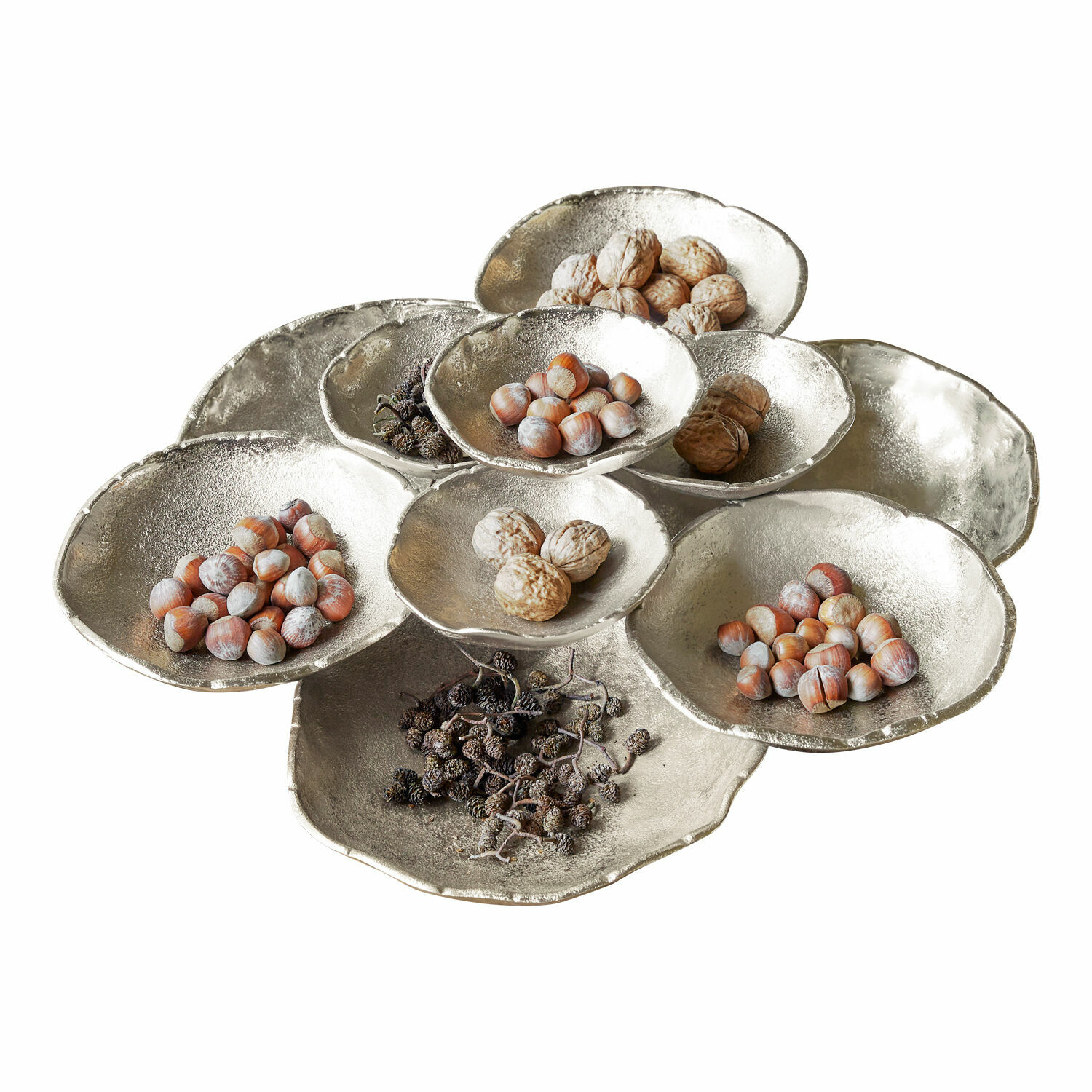 Schaal Gibril Decoratieve zilverkleurige metalen schaal met meerdere kommetjes gevuld met noten en gedroogd fruit
