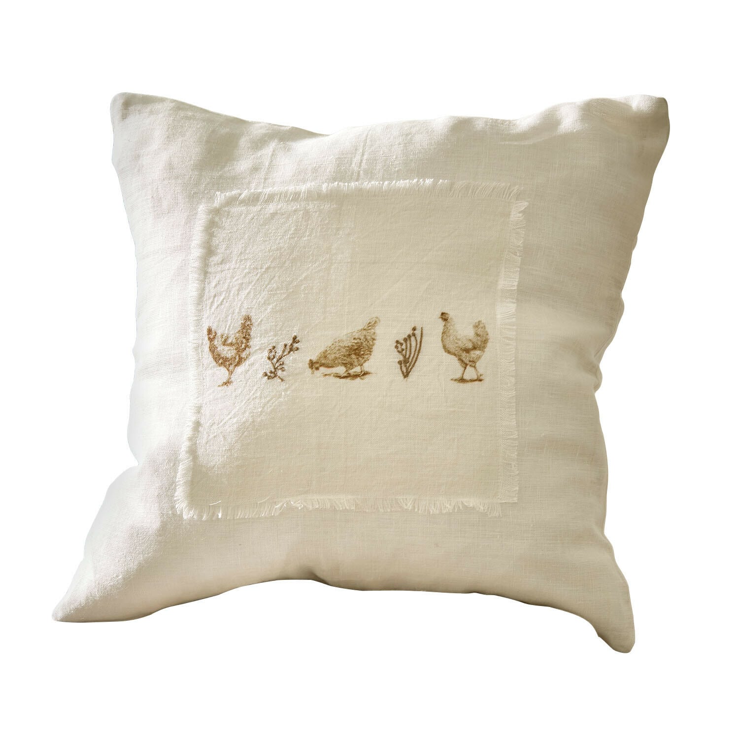 Beige linnen kussen met opdruk van kippen en planten, decoratieve hoes voor woonkamer of slaapkamer