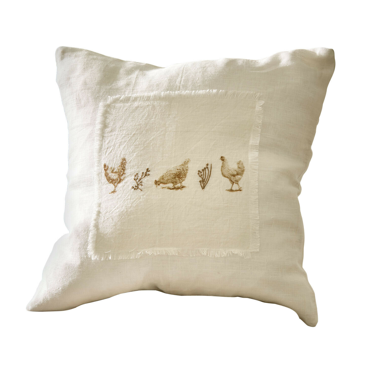 Kussenhoes Chavéreau Beige linnen kussen met opdruk van kippen en planten, decoratieve hoes voor woonkamer of slaapkamer