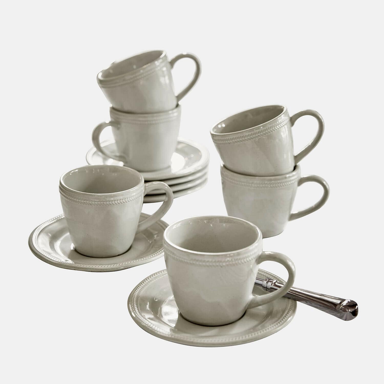 Kopje met schoteltje set van 6 Norrvik Set van zes crèmekleurige keramische koffiekopjes met schotels en lepel