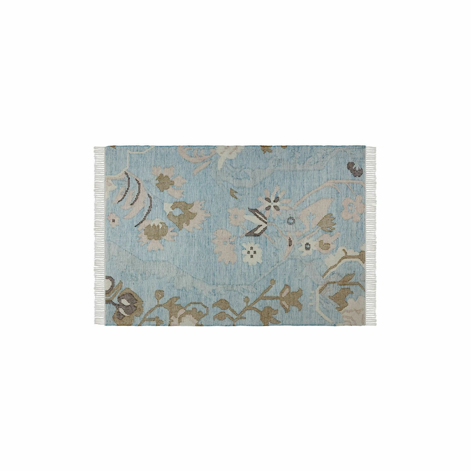 Vloerkleed Nére Blauwe katoenen vloerkleed met bloemmotief en franjes aan de zijkanten voor interieur