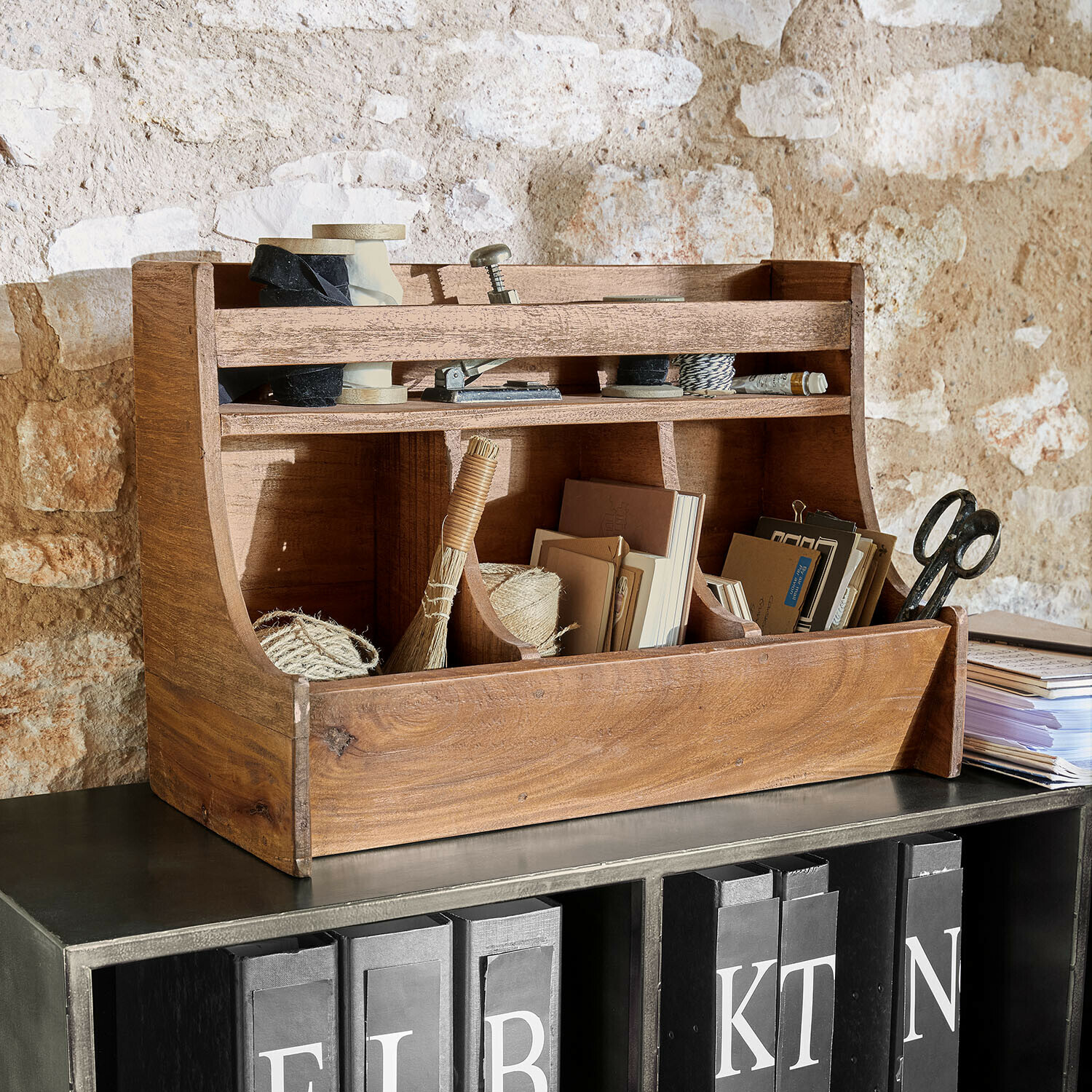 Wandorganizer Fenwicke Houten bureau-organizer met vakken voor touw, schaar en documenten, natuurlijke houtkleur
