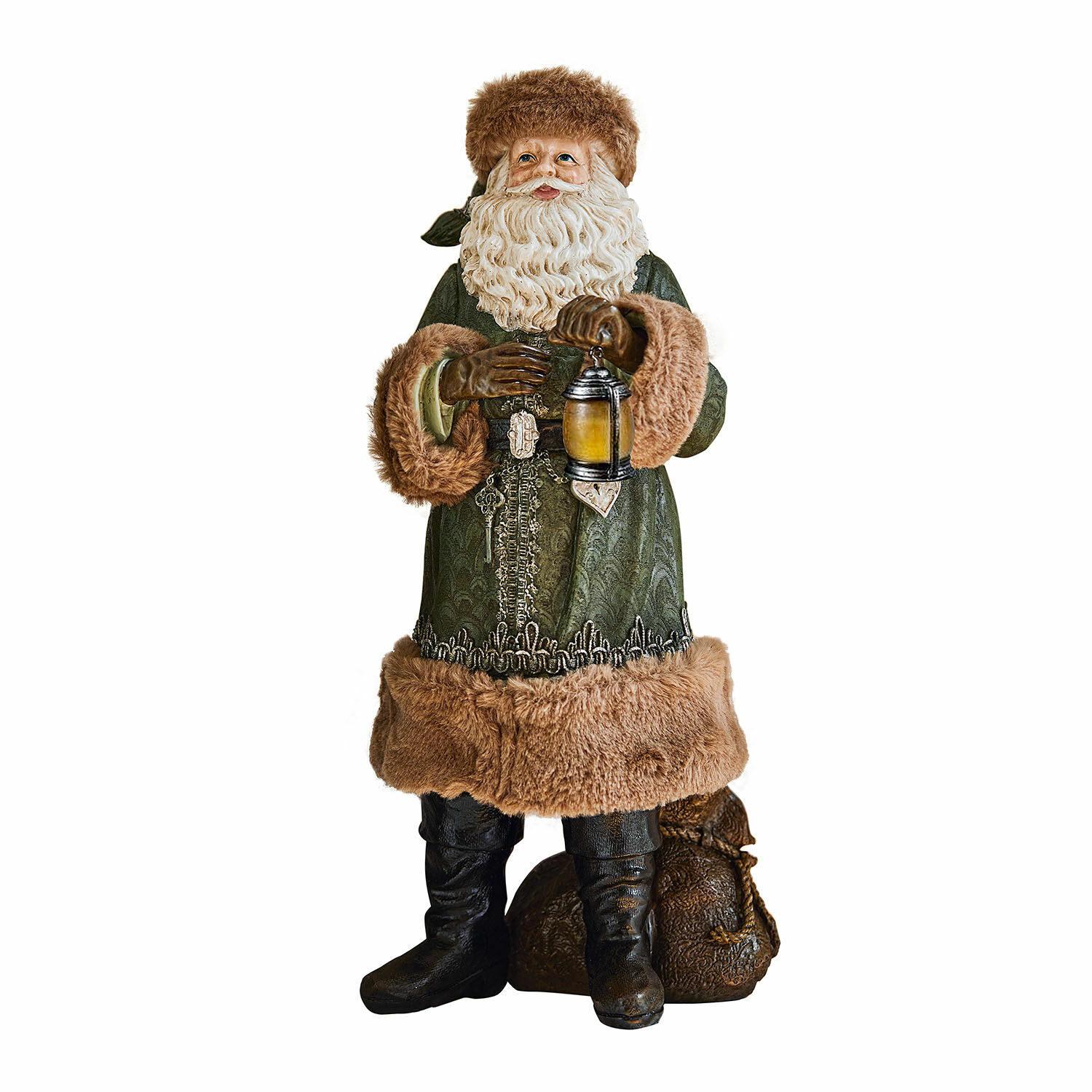 Sierkerstman Eddi Kerstmanfiguur met groene jas en bruine bontafwerking, houdt een lantaarn vast, kerstdecoratie