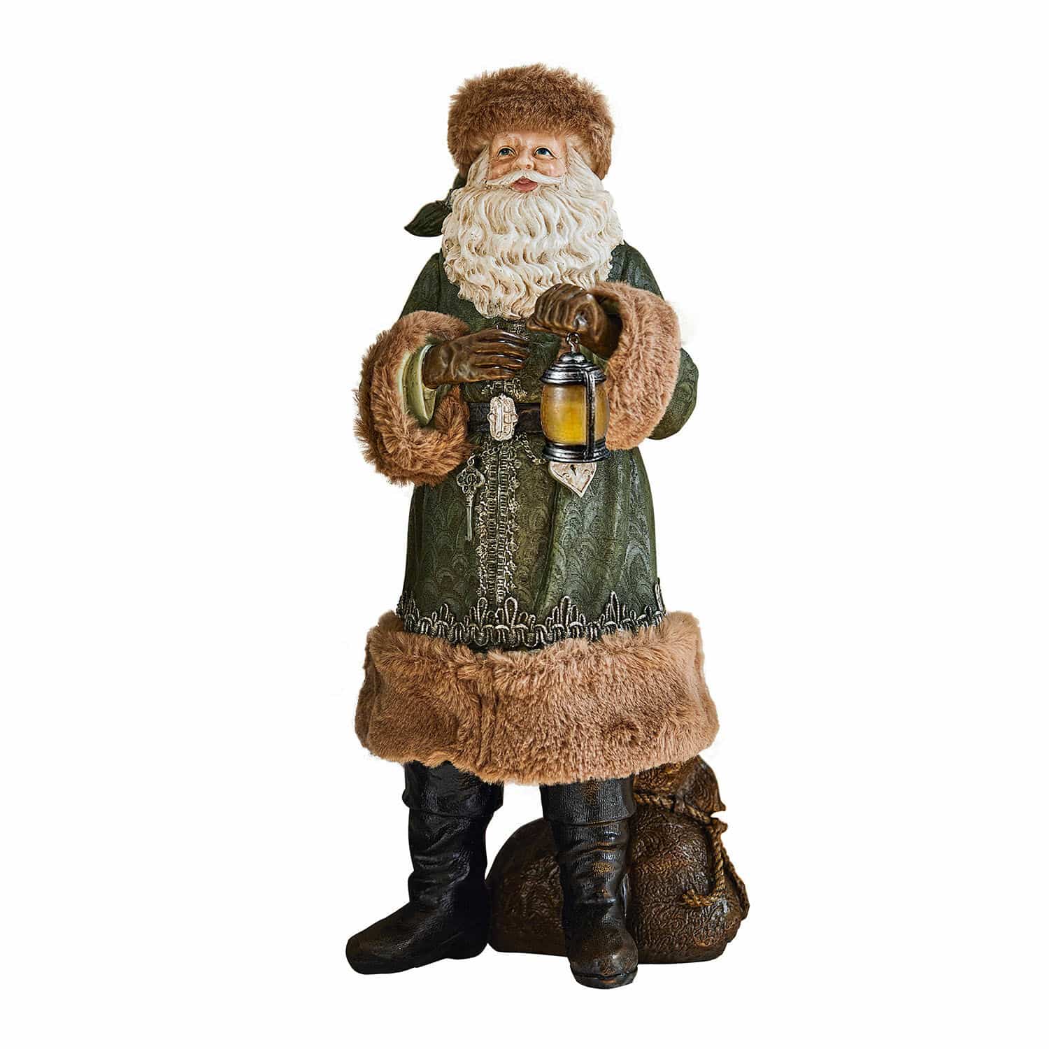 Sierkerstman Eddi Kerstmanfiguur met groene jas en bruine bontafwerking, houdt een lantaarn vast, kerstdecoratie