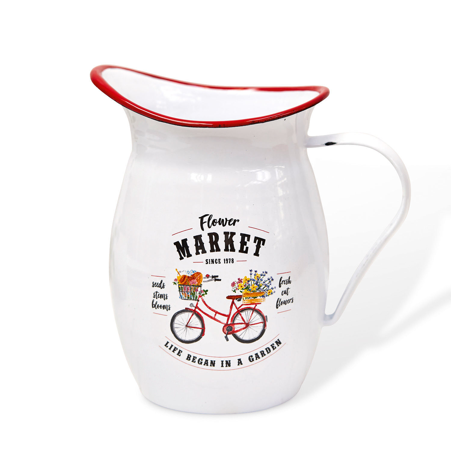 Witte geëmailleerde kan met rode rand en fiets met bloemen print, decoratieve tuinkruik