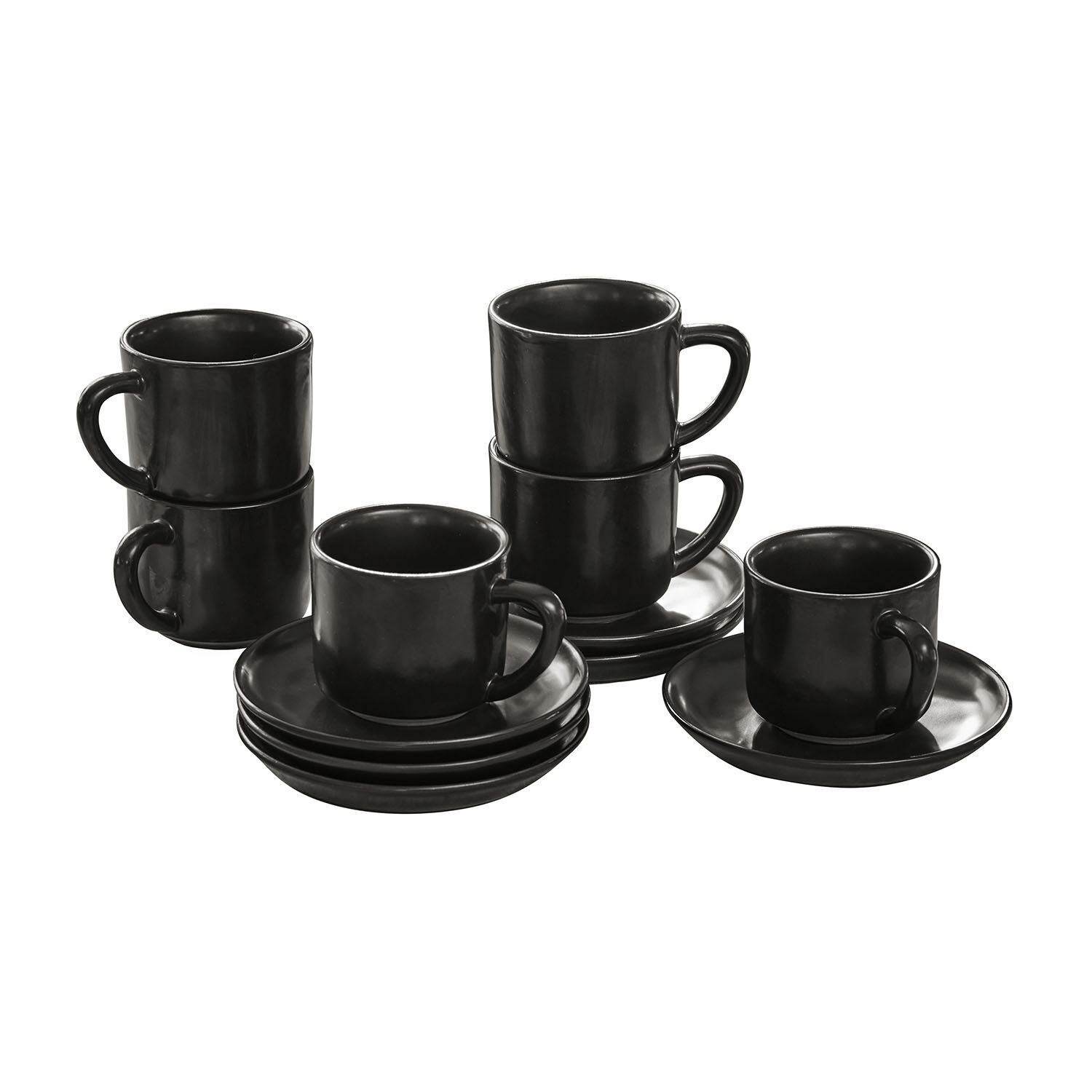 Kopje en schoteltje set van 6 Biarré Set zwarte keramische koffiekopjes met schotels, modern design voor in de keuken