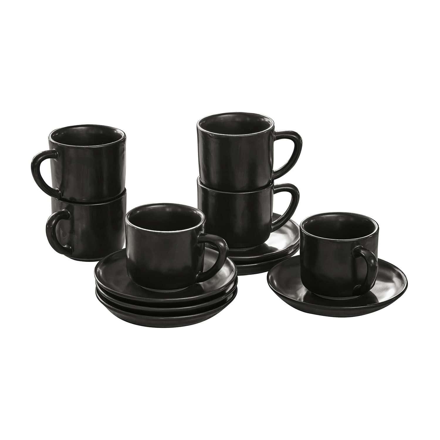 Kopje en schoteltje set van 6 Biarré Set zwarte keramische koffiekopjes met schotels, modern design voor in de keuken