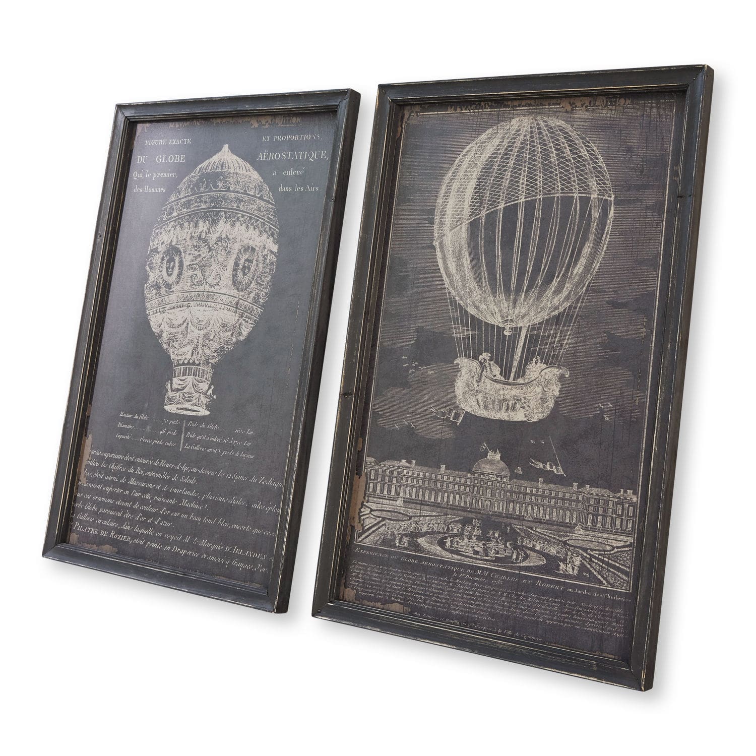 Afbeelding set van 2 Ortarsis Set van twee zwarte vintage schilderijen met witte tekeningen van heteluchtballonnen voor wanddecoratie