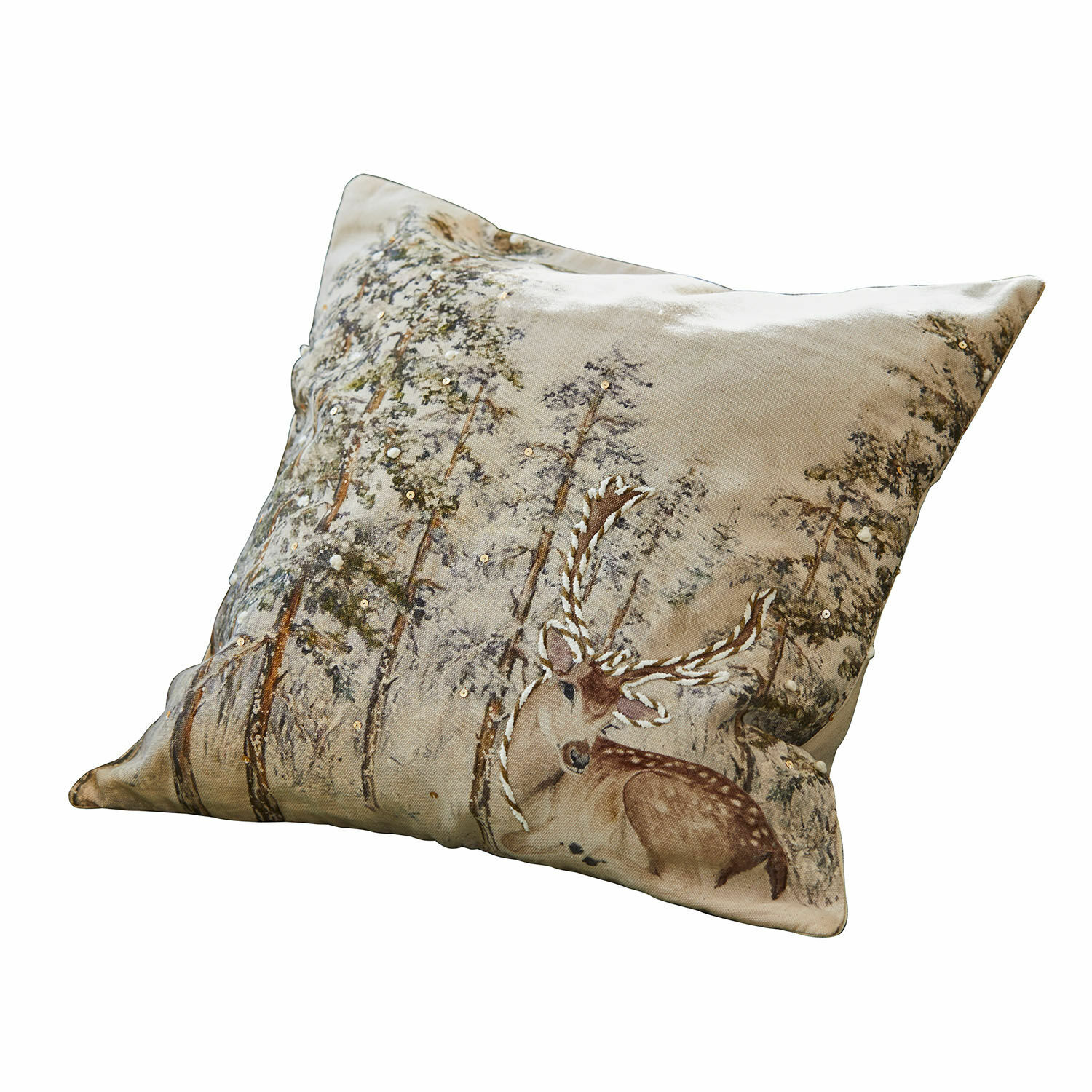 Kussenhoes Valoisin Beige decoratief katoenen kussen met hert en bomen print, sfeervol voor woonkamer