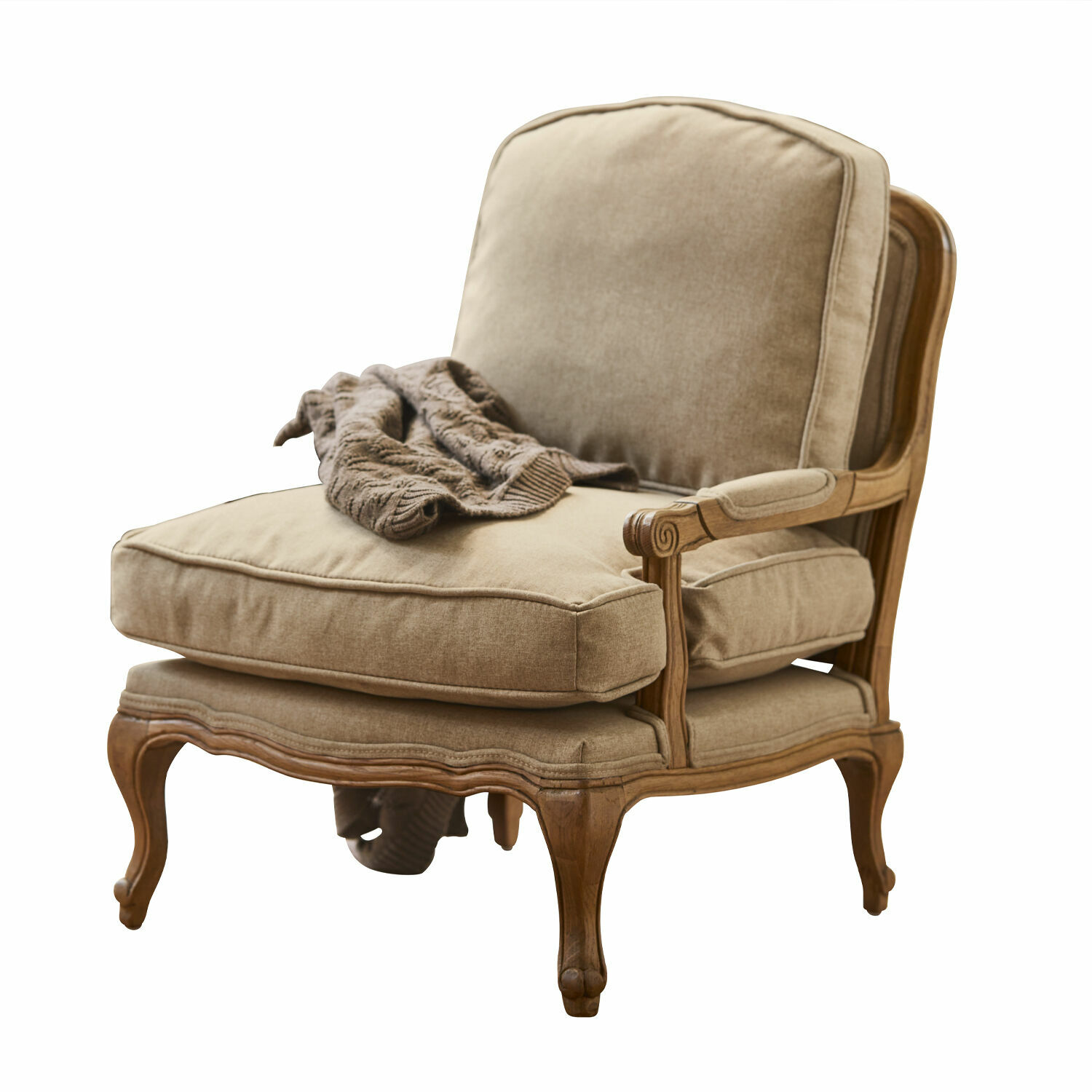 Kinderfauteuil Orlianne Klassieke fauteuil met beige stof en houten frame, comfortabele woonkamerstoel