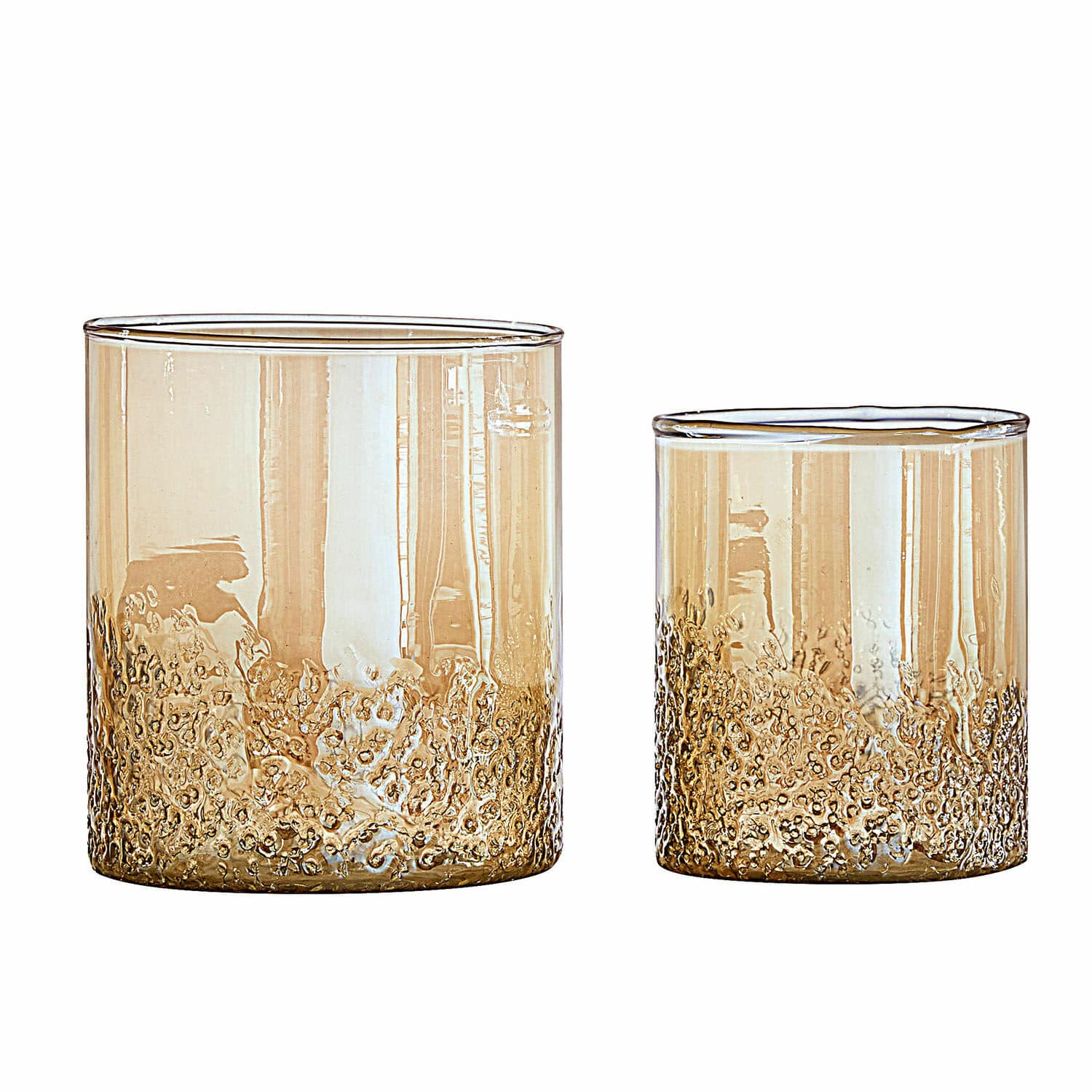 Windlicht set van 2 Plélo Set van twee amberkleurige glazen met textuur aan de onderkant, elegante drinkglazen