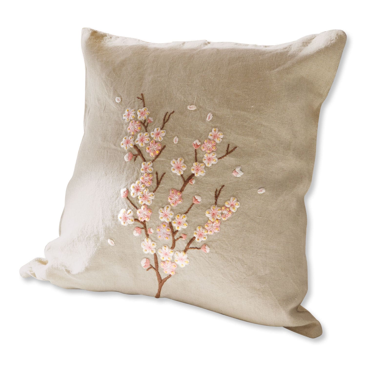 Kussenhoes Carrol Beige linnen kussen met roze bloemenborduursel, decoratief voor woonkamer