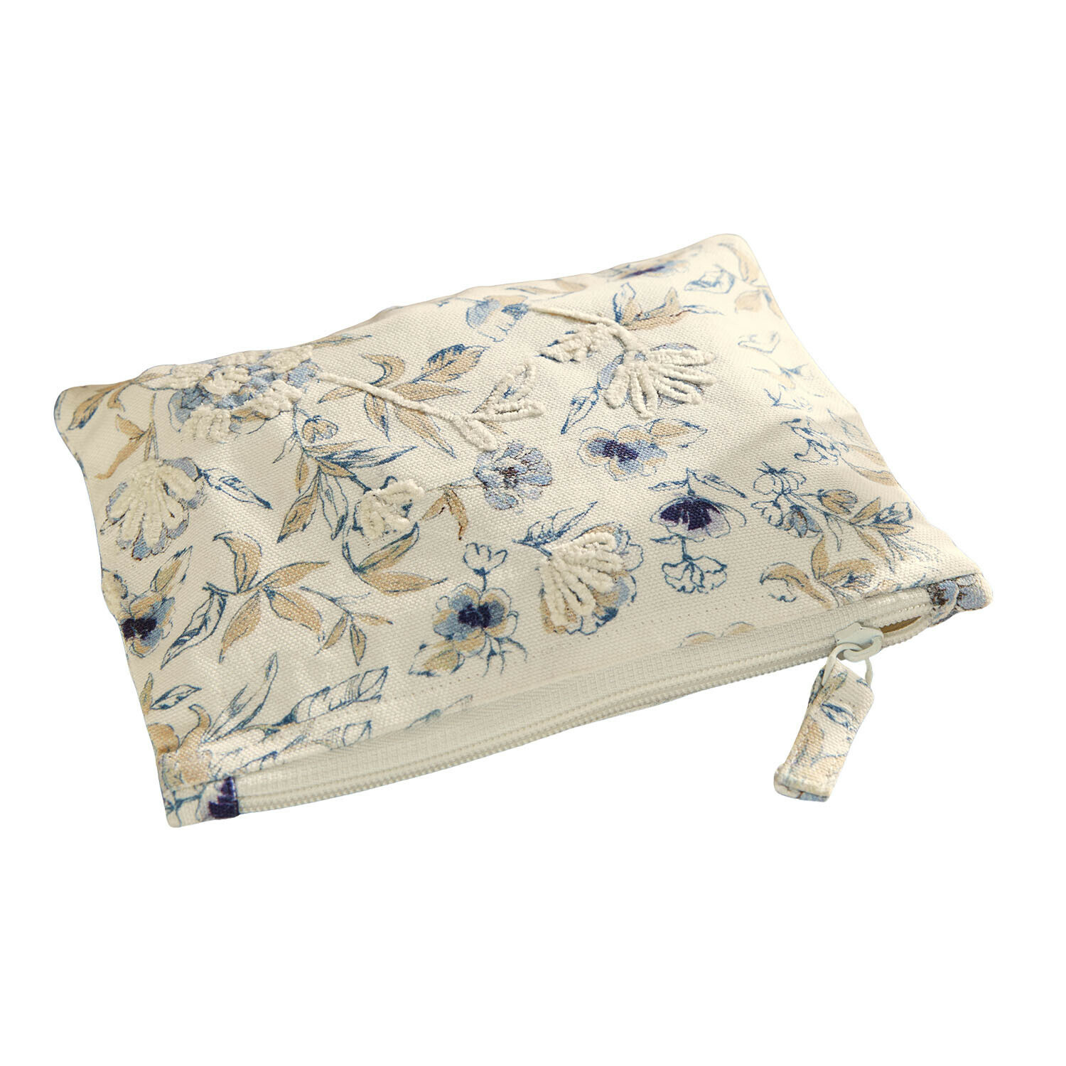 Tasje Hazelwick Beige katoenen make-uptasje met blauwbruine bloemenprint en ritssluiting voor cosmetica