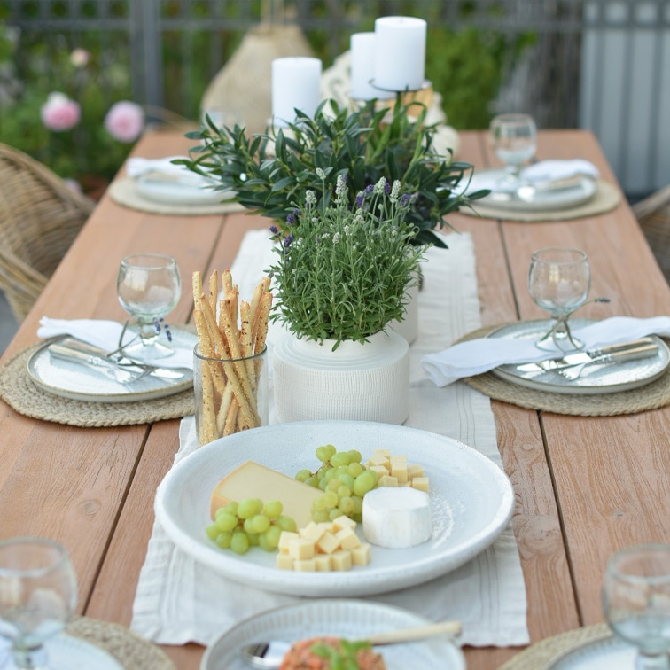 Houten tafel met wit servies, kaas, groene druiven en groene planten decoratie voor buiten eten