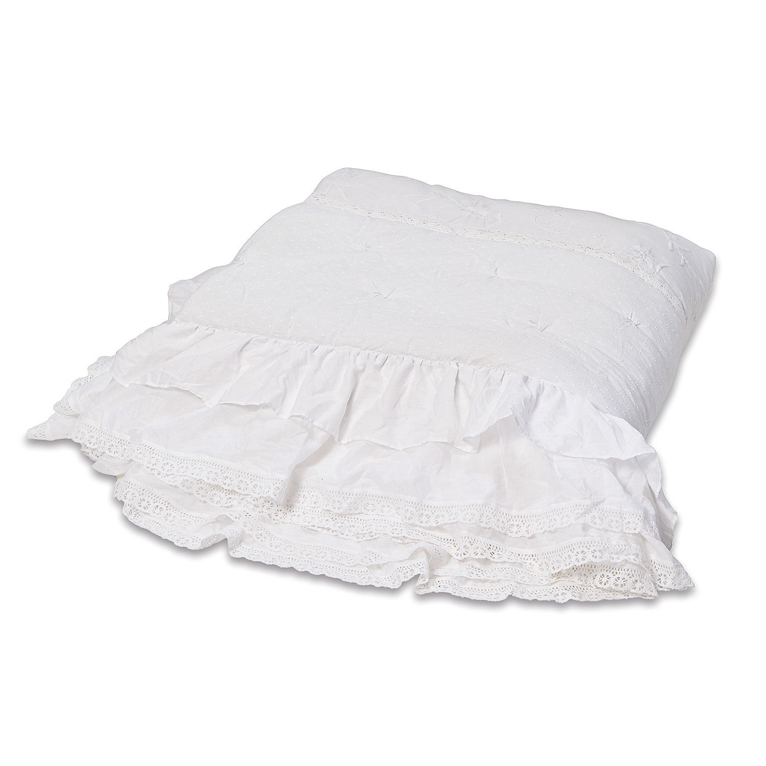 Quilt Pittefaux Witte katoenen sierkussen met ruches en kant, decoratief voor woonkamer of slaapkamer