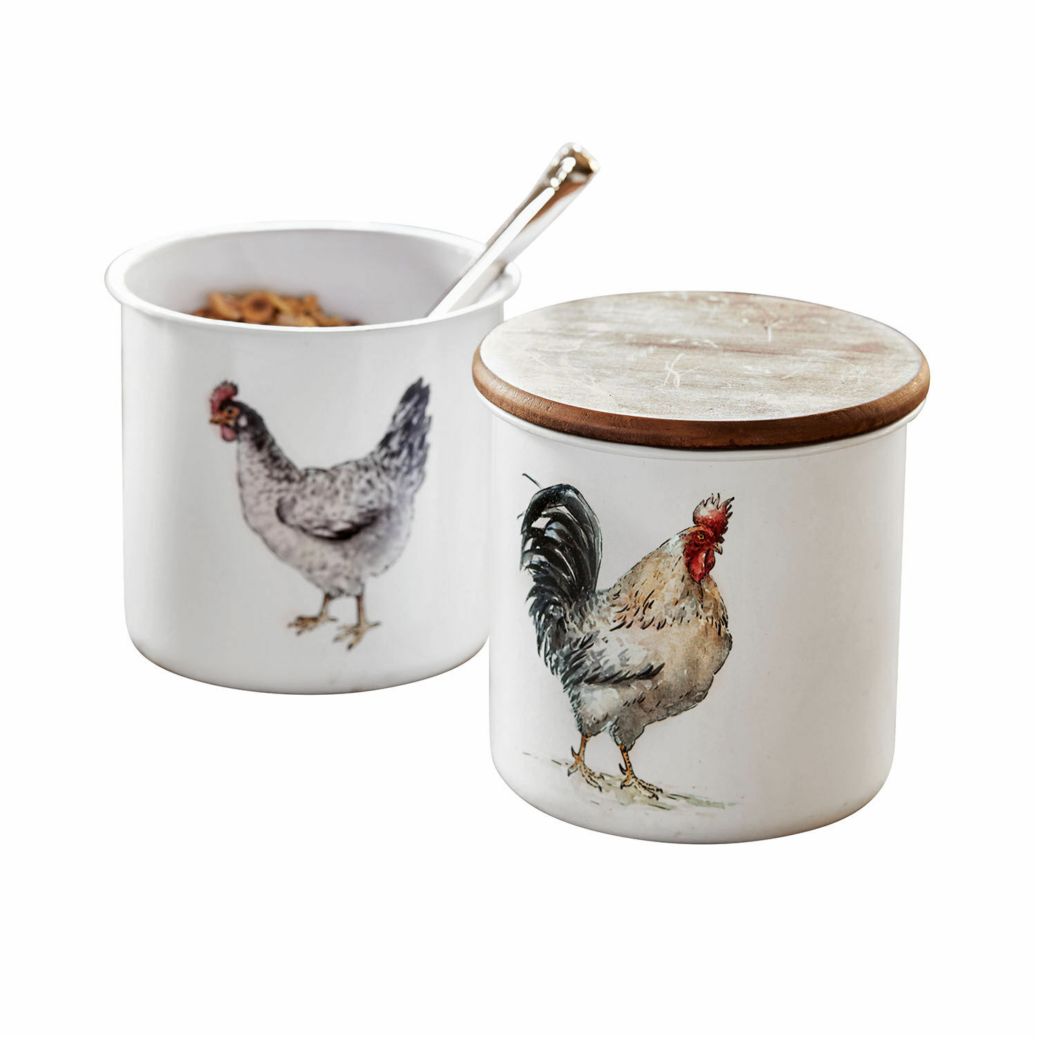Pot set van 2 Nobles Witte keramische keukenpotten met houten deksel en kip- en haanprint