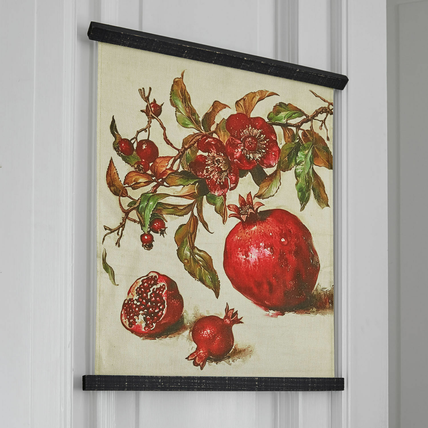 Afbeelding Karidah Canvas schilderij met granaatappels en bladeren in rood- en groentinten, wanddecoratie