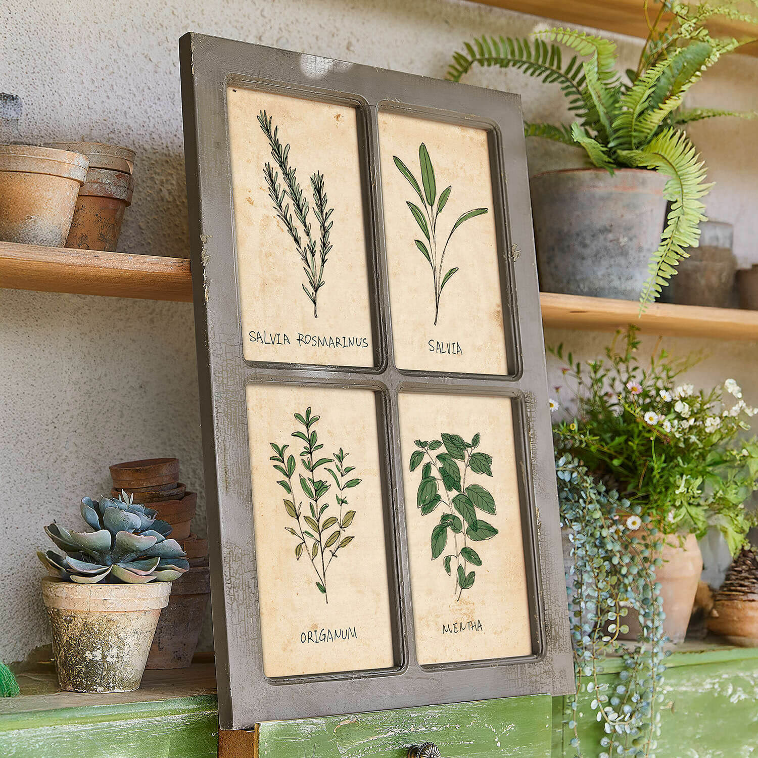 Schilderij Beaurive Decoratief bord met vier kruidenillustraties op beige achtergrond in grijze lijst, rustieke stijl