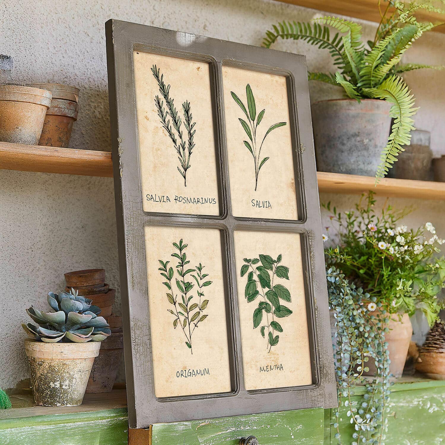 Schilderij Beaurive Decoratief bord met vier kruidenillustraties op beige achtergrond in grijze lijst, rustieke stijl