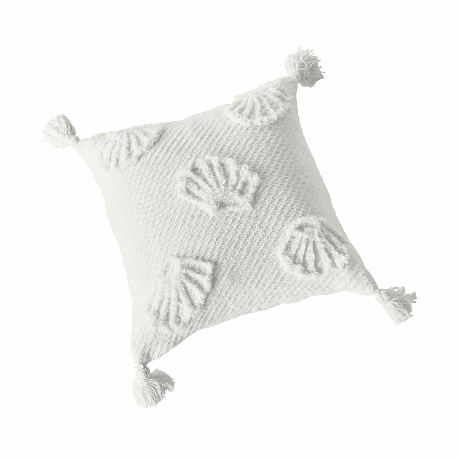 Witte katoenen sierkussen met kwastjes en schelpenpatroon, woontextiel