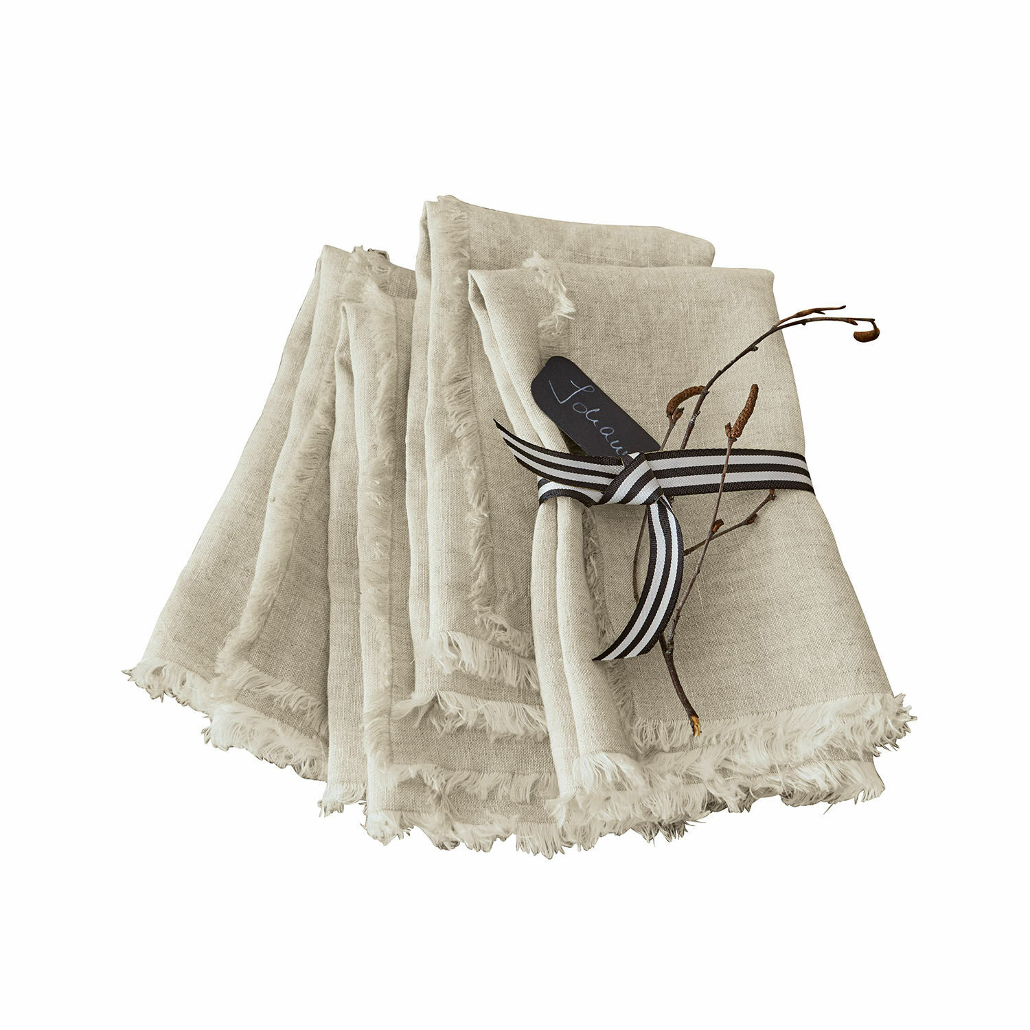 Servet set van 4 Largo Set beige linnen servetten met franjes en decoratief lint, tafellinnen