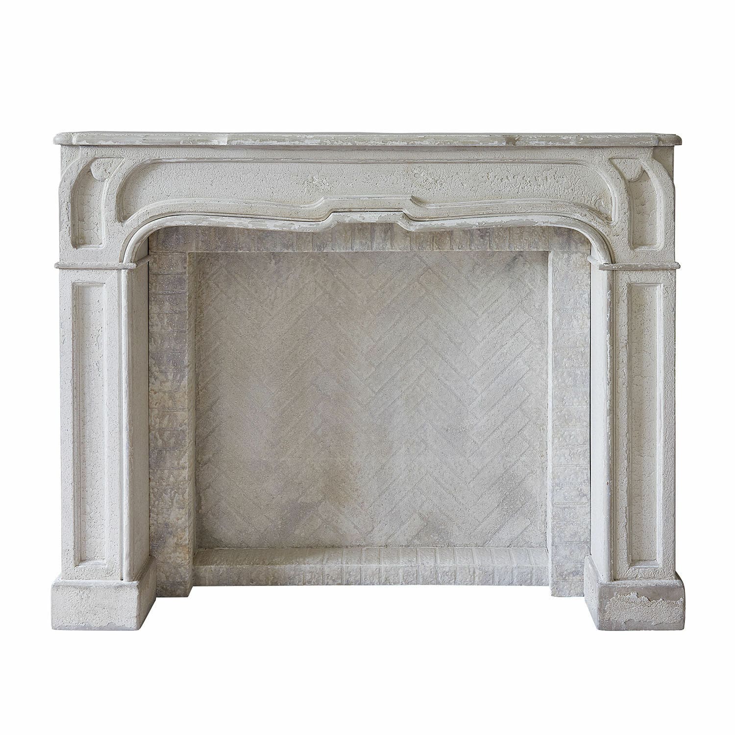 Haardschouw Woodcroft Klassiek wit stenen schoorsteenportaal met decoratieve details en rustieke textuur
