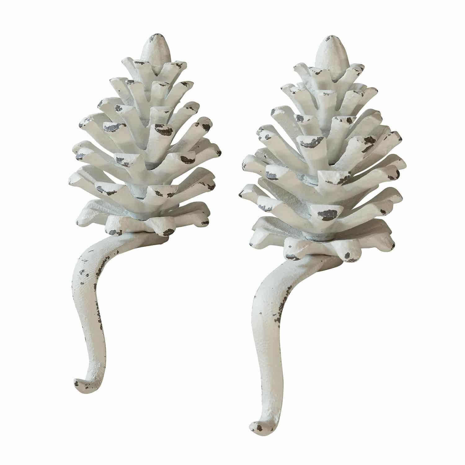 Set van twee decoratieve ijzeren haken in antiek wit, dennenappelvormig