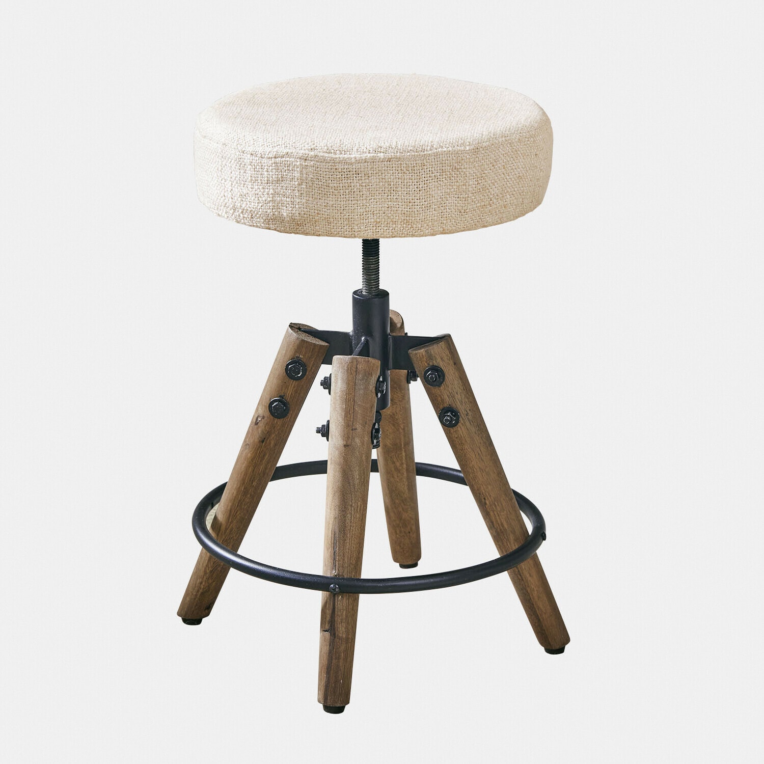 Verstelbare kruk met houten poten en beige stoffen zitting, industrieel design