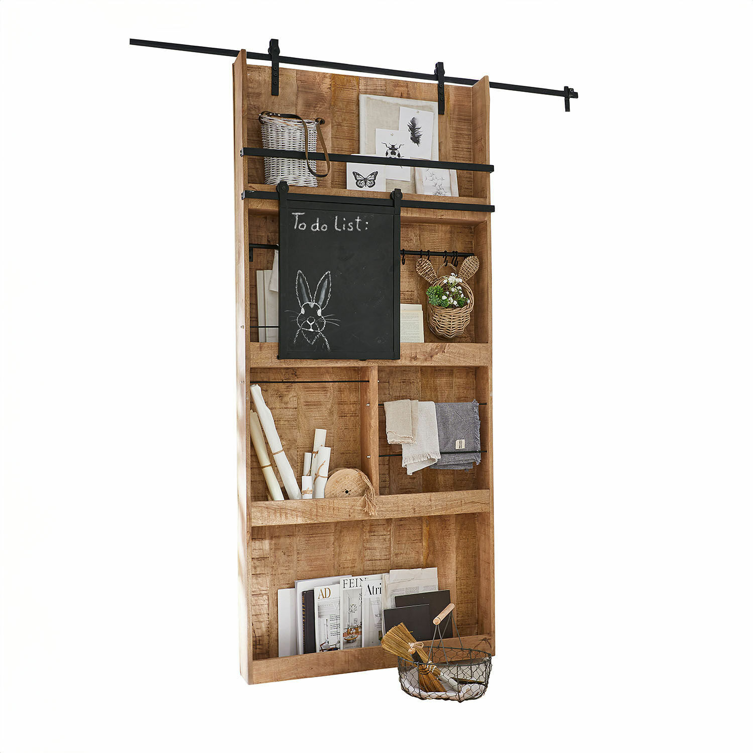 Schuifdeur Vulmont Houten wandrek met krijtbord en metalen accenten voor opslag en decoratie